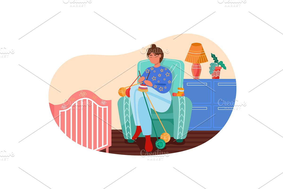 Happy woman knitting hat vector flat, a Person Illustration by vectorpointstudio