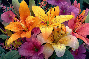 Dew-kissed lilies and vibrant flower, a Photo by Pixeness Studio