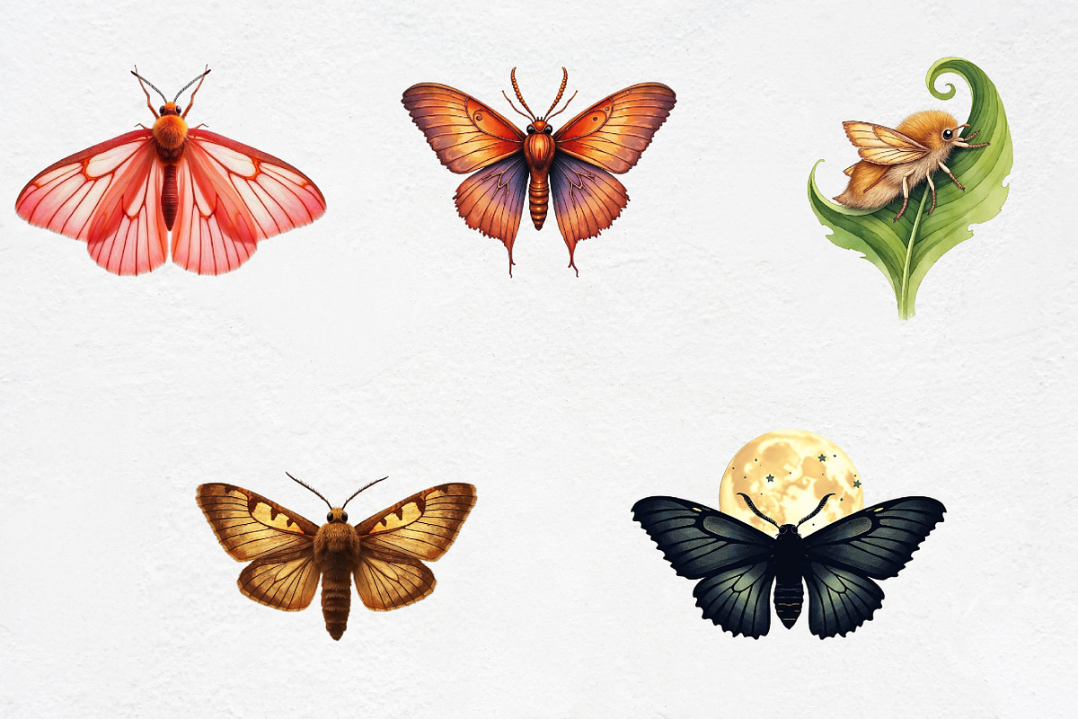 Watercolor Summer Night Moths Clipar, an Illustration by CrexoraLab (Photo 3 of 5)