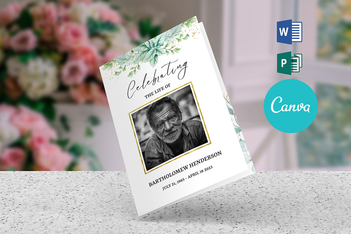 Greenery Funeral Program Canva, a Brochure Template by SmmrDesign (Photo 1 of 6)