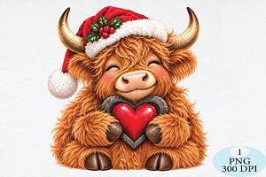 Christmas Highland Cow Heart PNG