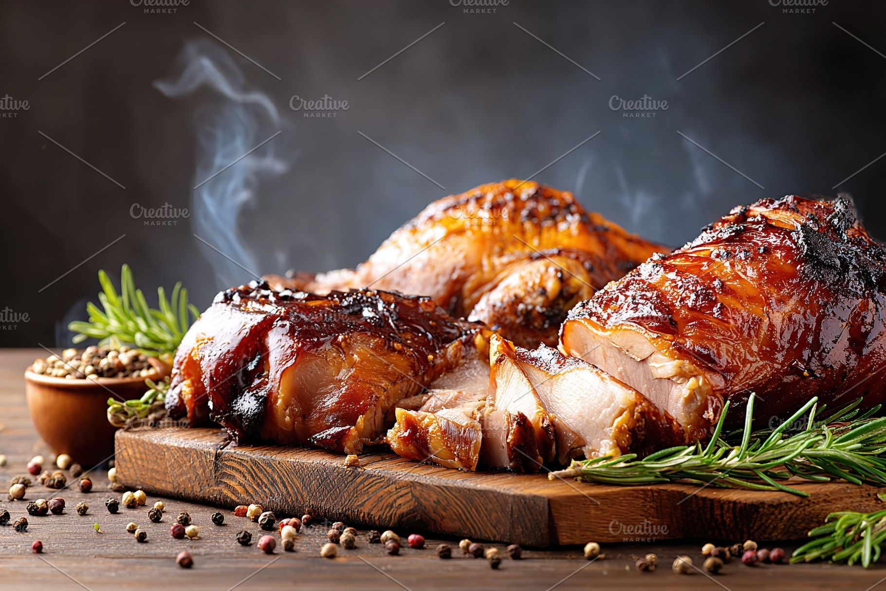 Mouthwatering smoked chicken displayed on a wooden board with fresh herbs and s, a Food & Drink Photo by AlyaAnd