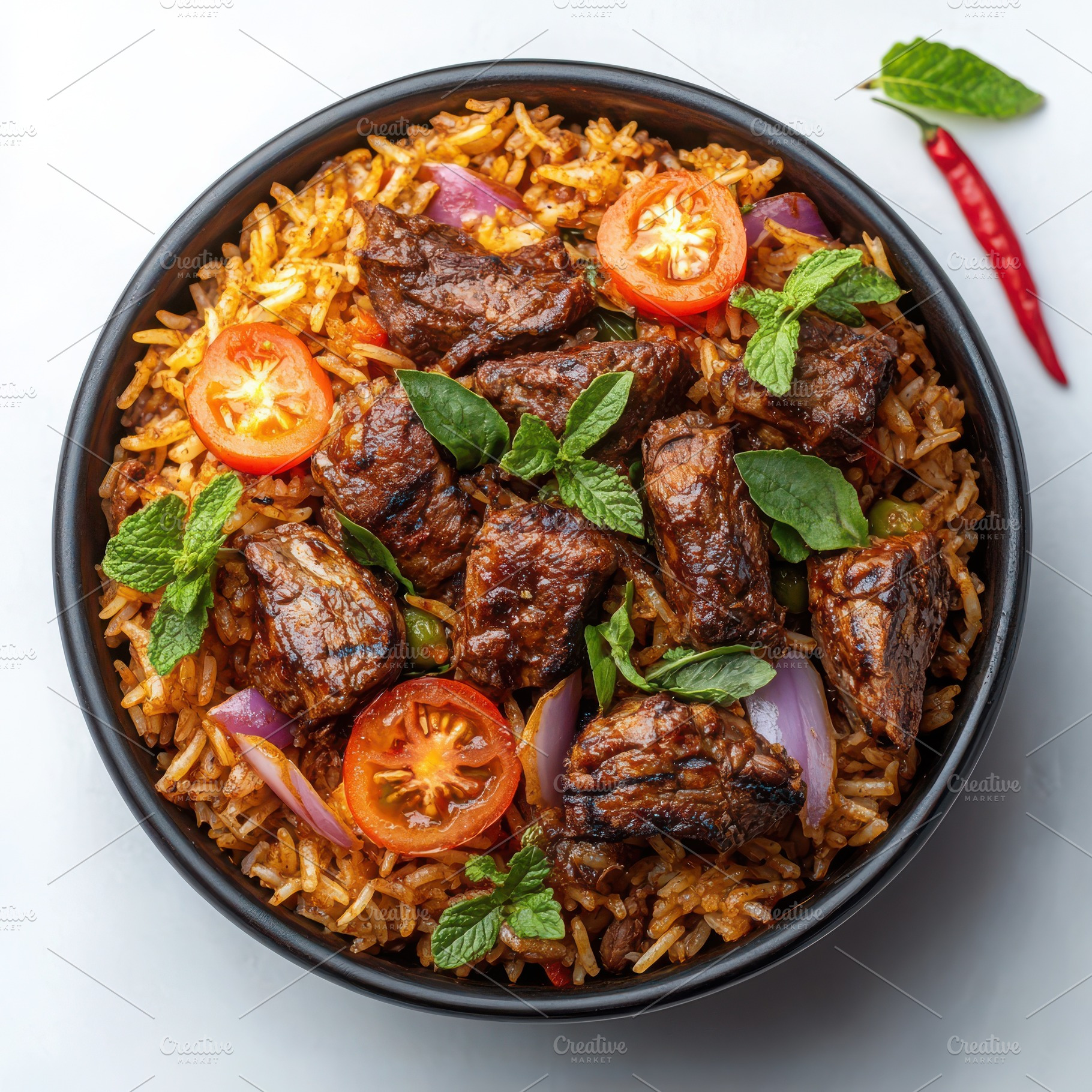 Delicious mutton biryani with rice a, a Food & Drink Photo by Pixeness Studio
