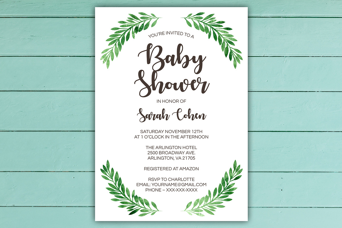 Green Leaf Baby Shower Invite Set, a Stationery Template by BF Studios (Photo 2 of 3)