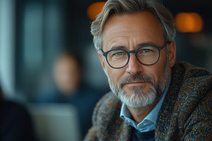 Middle-aged man with glasses smiles, a Photo by Tanuart