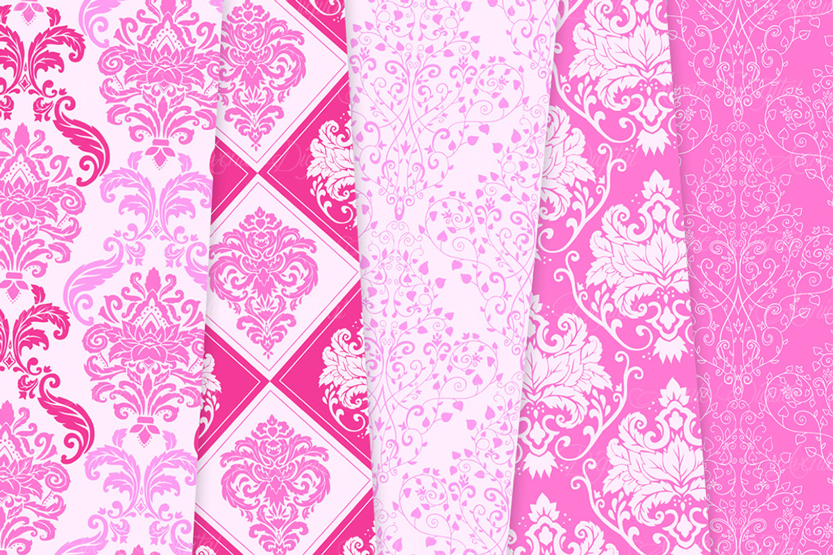 28 Bright Pink Damask Digital Paper, a Pattern Graphic by Avenie Digital