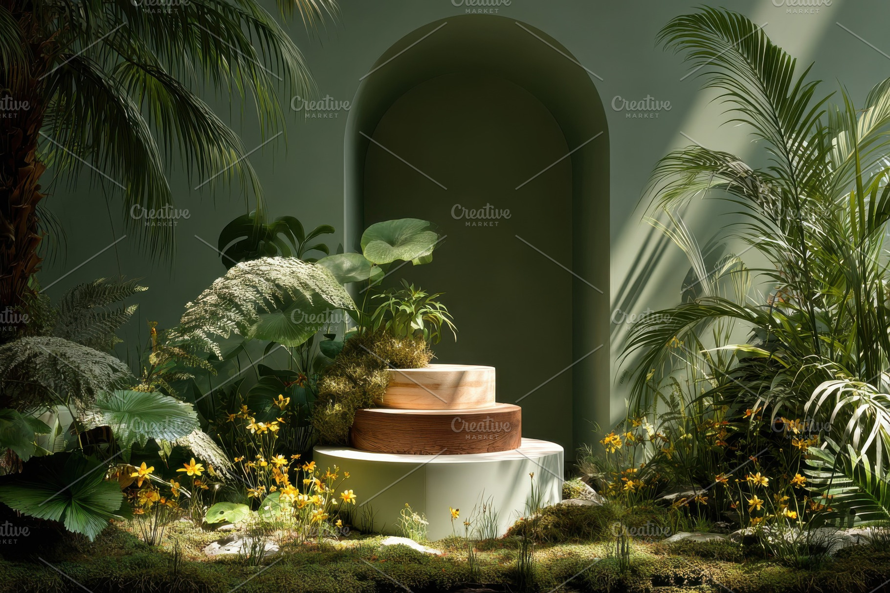 Wooden tiered display surrounded by, a Photo by Pixeness Studio