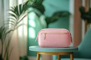 Modern cosmetic bag on small round table, a Photo by AlyaAnd