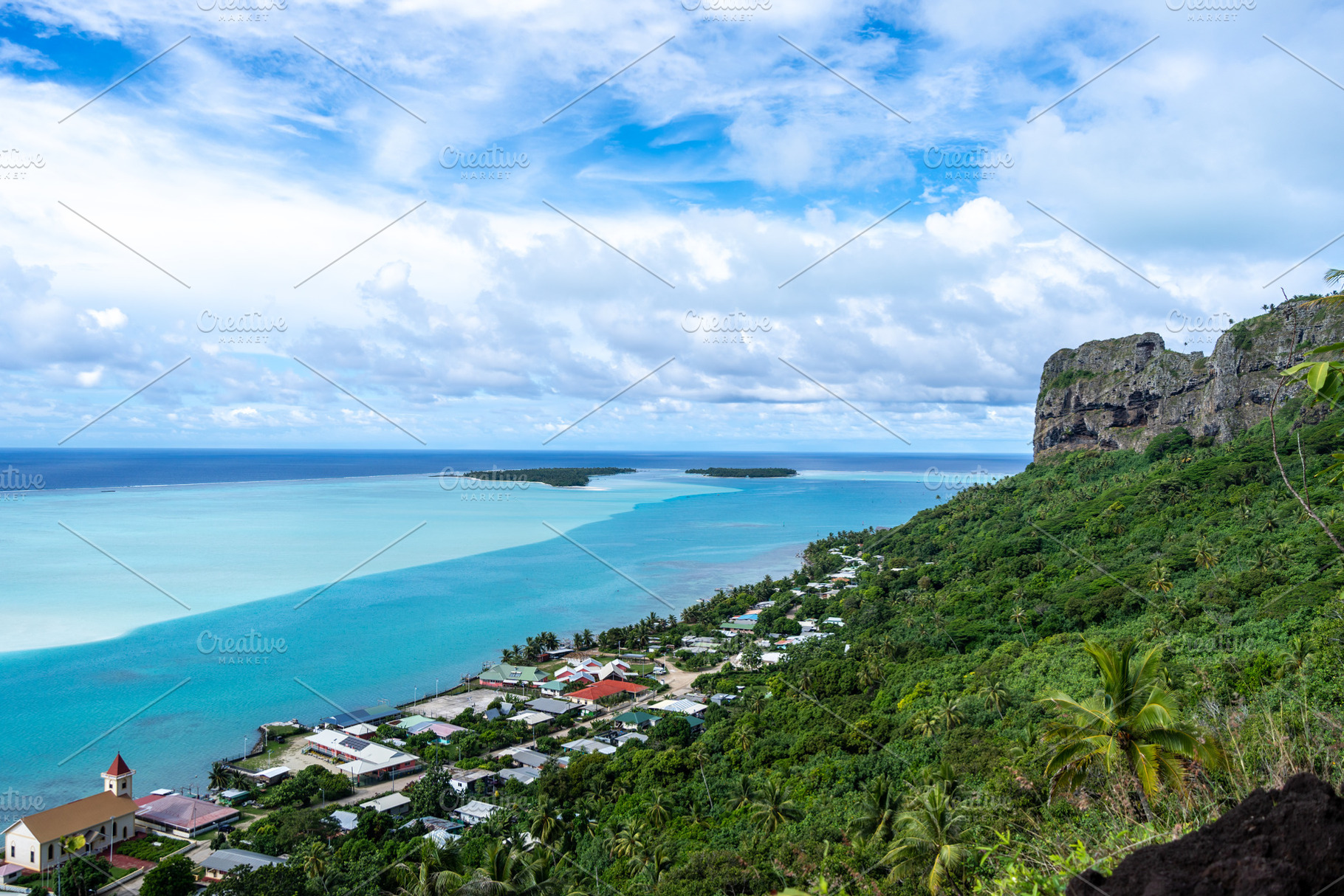 Aerial view of Vaiea village and church in Maupiti, French Polyn, a Photo by GoodGoods