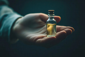 A hand holding a tiny vial of liquid, a Photo by Pavel_design