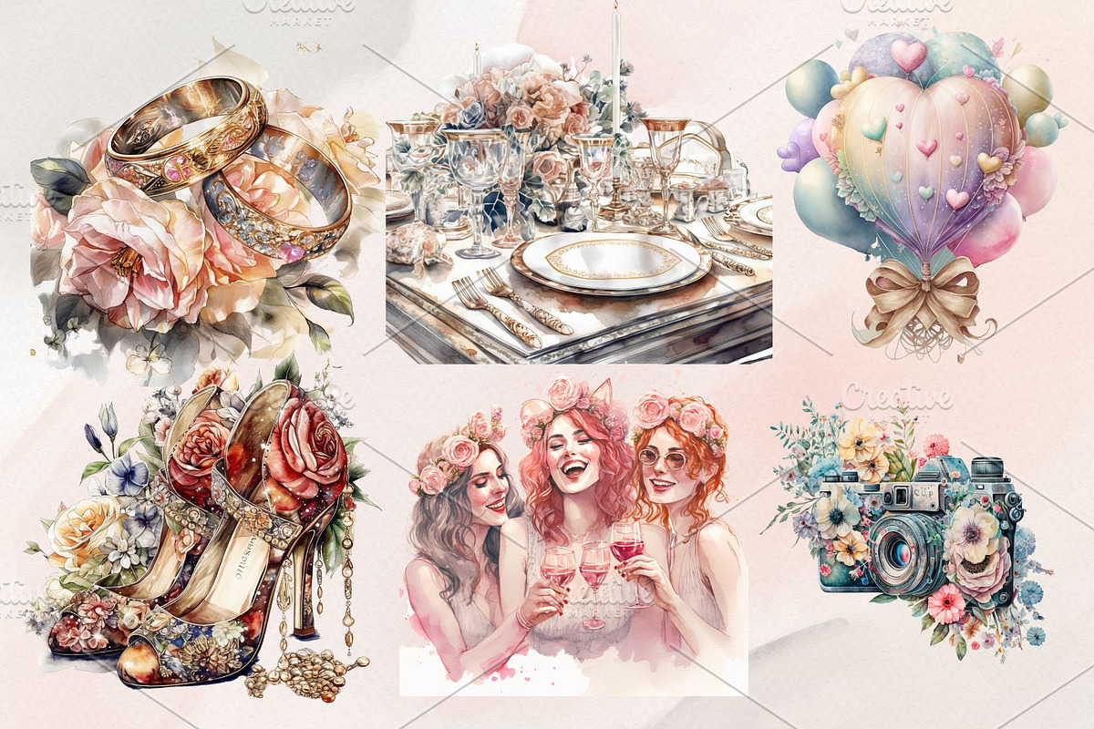 15Watercolor Wedding Clipart PNG Set, an Illustration by Jalina Clipart Studio (Photo 2 of 7)