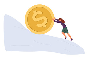 Young girl rolling large gold coin, a Finance Illustration by Vectorbuum