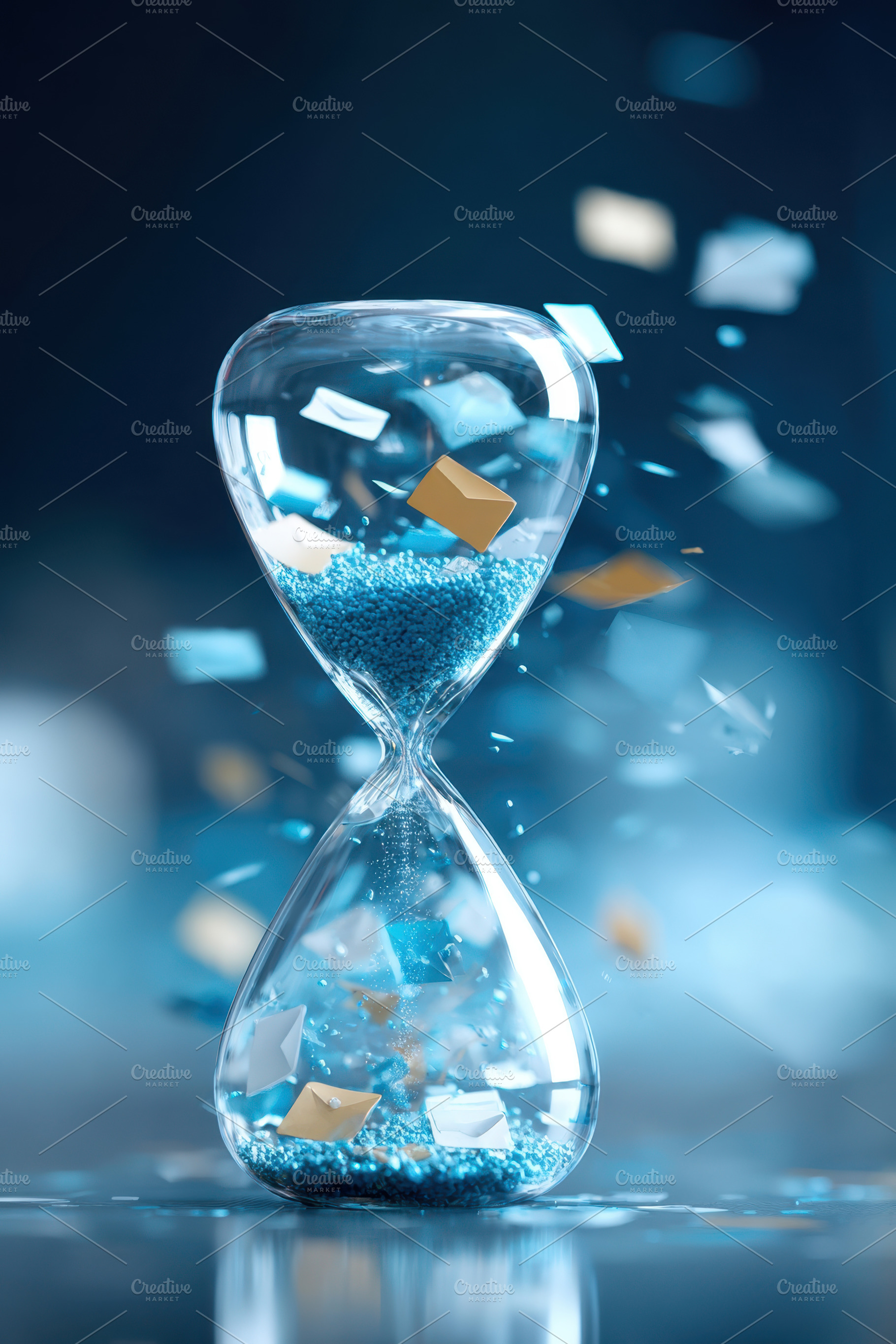 Vibrant hourglass with blue sand and colorful pieces, a Business Photo by AlyaAnd