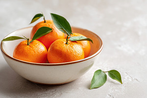 Fresh oranges in a bowl with green leaves on a light background in a kitchen se, a Photo by AlyaAnd