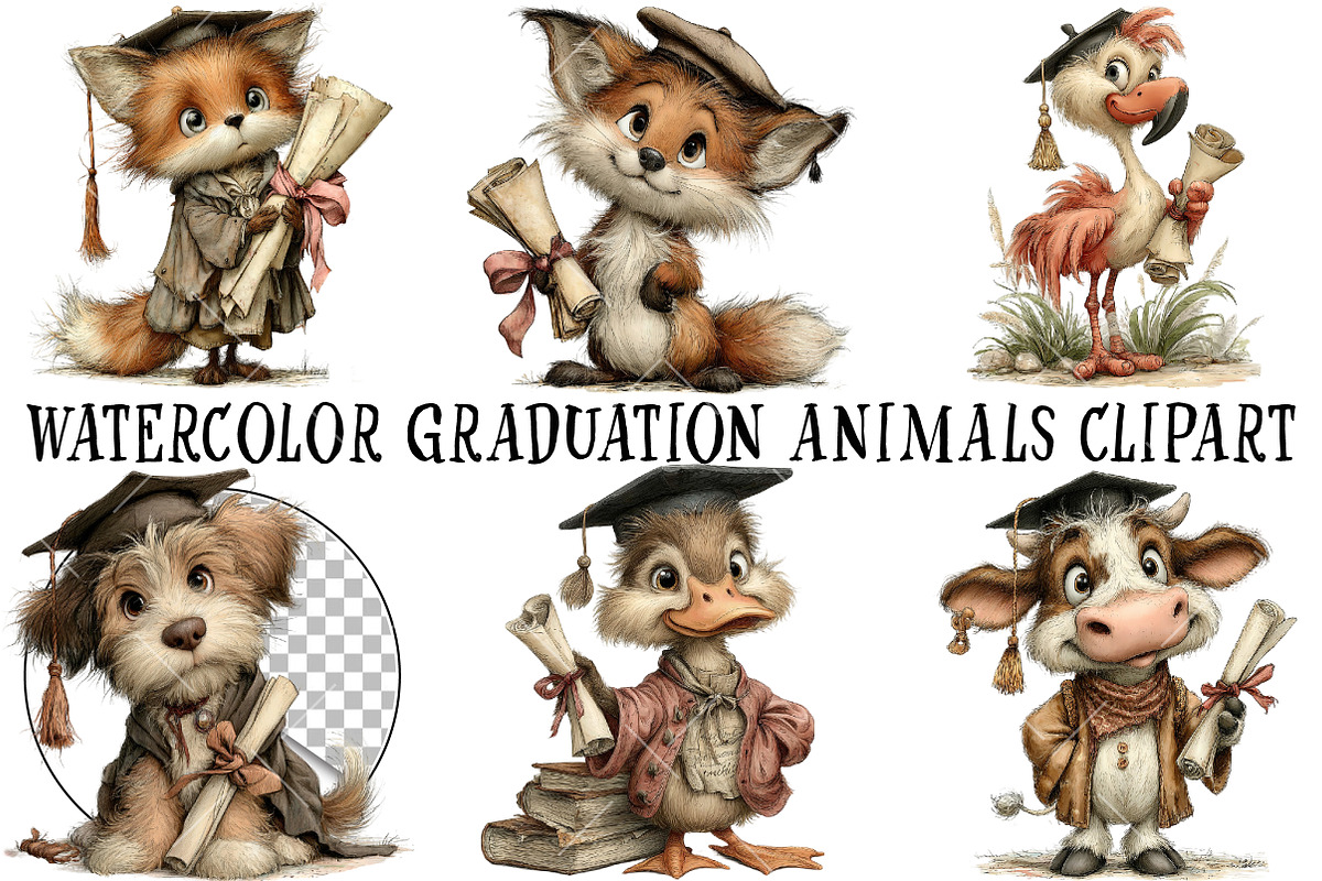Watercolor Graduation Animals Clipar, an Illustration by OK Design (Photo 2 of 6)