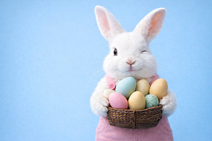 a winking rabbit holding easter eggs, generative AI, a Photo by Nito