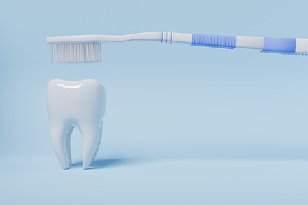 Tooth brushing by toothbrush on blue background. Health care and, a Health & Medical Photo by Ministocker