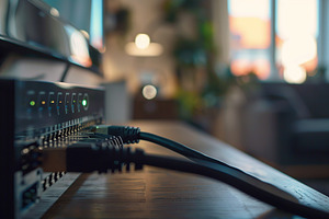 Fiber optic cables connected to optic ports. Network cables, a Technology Photo by AlyaAnd