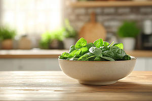Fresh basil leaves in bowl, healthy food, a Food & Drink Photo by AlyaAnd
