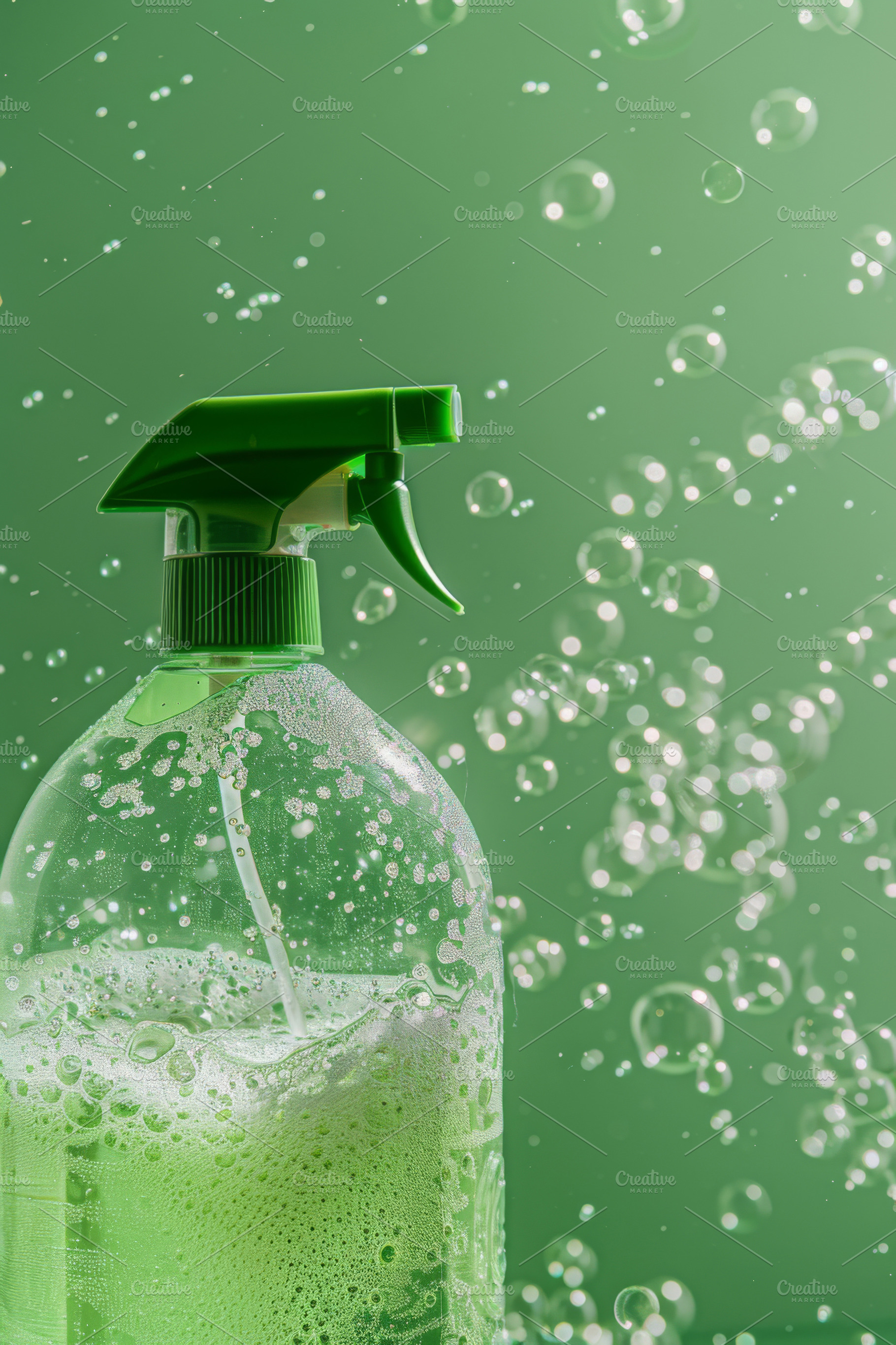 Spray bottle with green liquid and foam on green background, a Photo by Dvoevnore photos