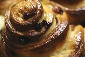 A close-up of a freshly baked cinnamon roll with raisins, showcasing its golden, a Food & Drink Photo by Textures & Backgrounds
