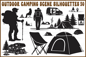 Outdoor Camping Scene Silhouettes Se, an Object Graphic by yasushie