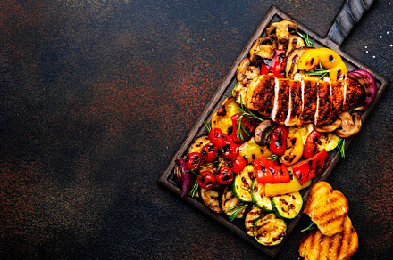 Grilled chicken and vegetables. Bbq party. Colorful paprika, zuc, a Food & Drink Photo by 5PH