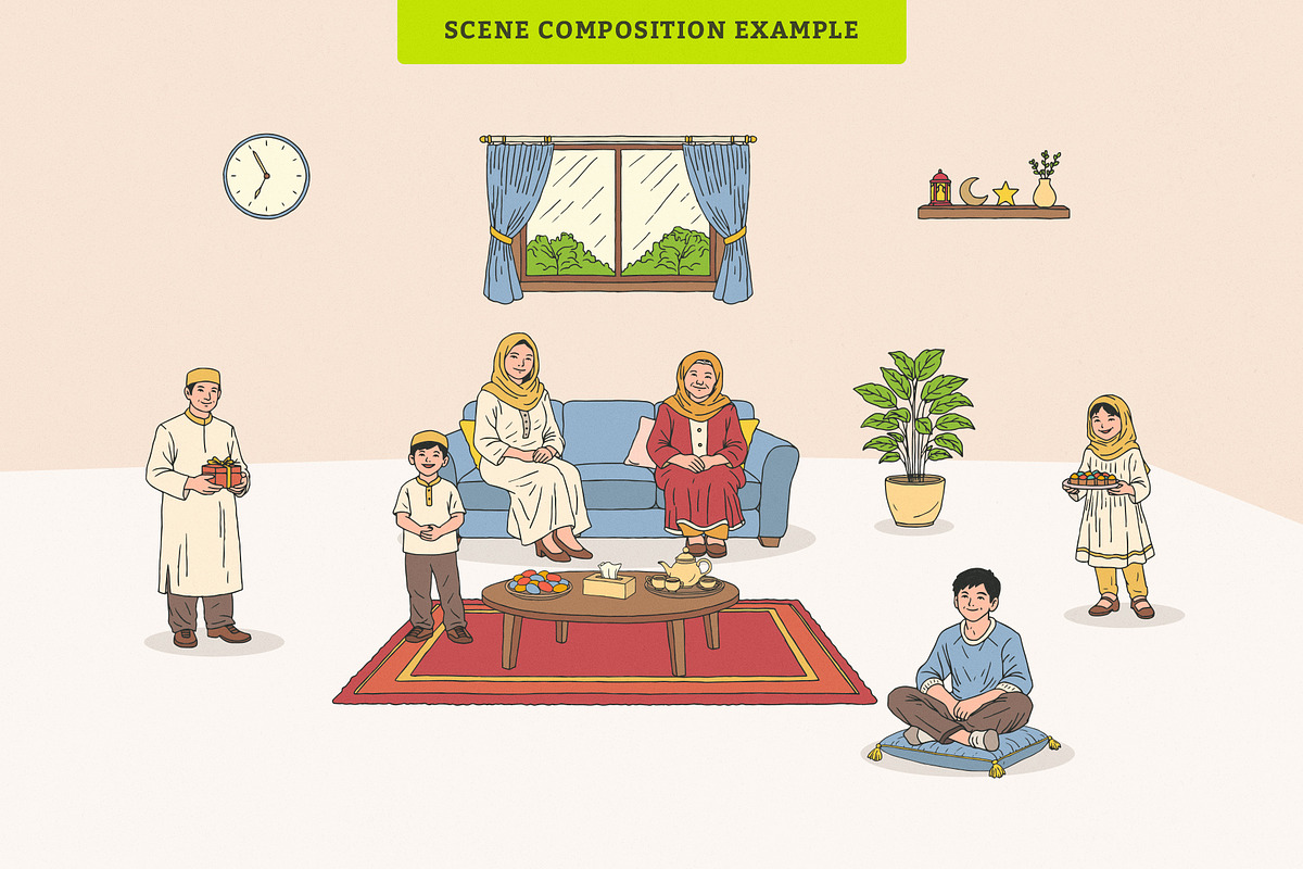 Eid Living Room Family Scene, an Illustration by MEANDSTUDIO (Photo 2 of 5)