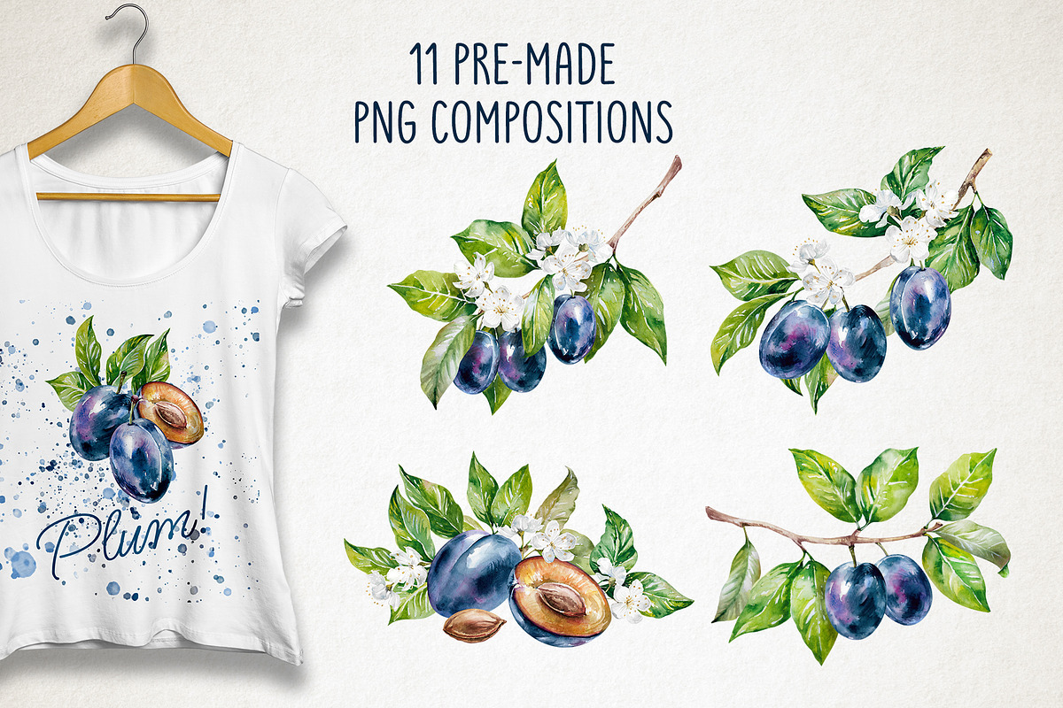 Blooming plum watercolor clipart, a Decorative Illustration by Eva Kleinman (Photo 4 of 14)