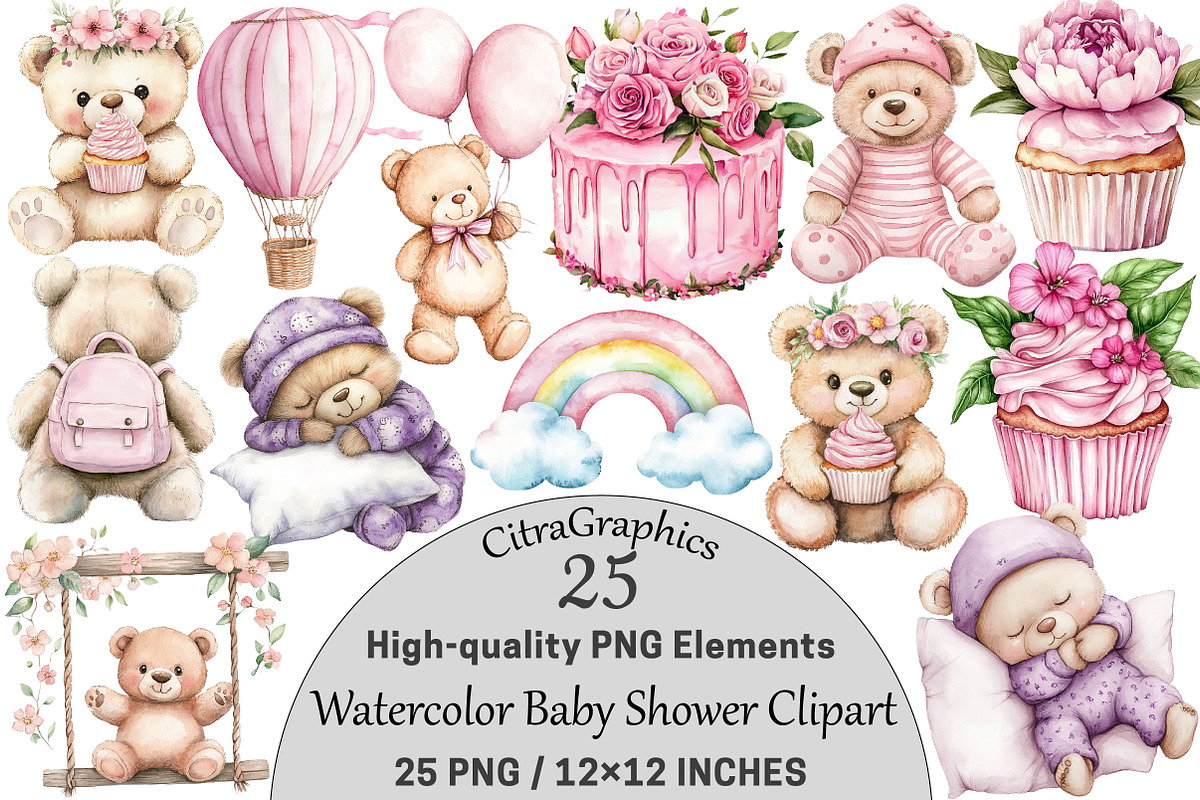 Watercolor Baby Shower Clipart, a Seasonal Illustration by CitraGraphics (Photo 1 of 4)