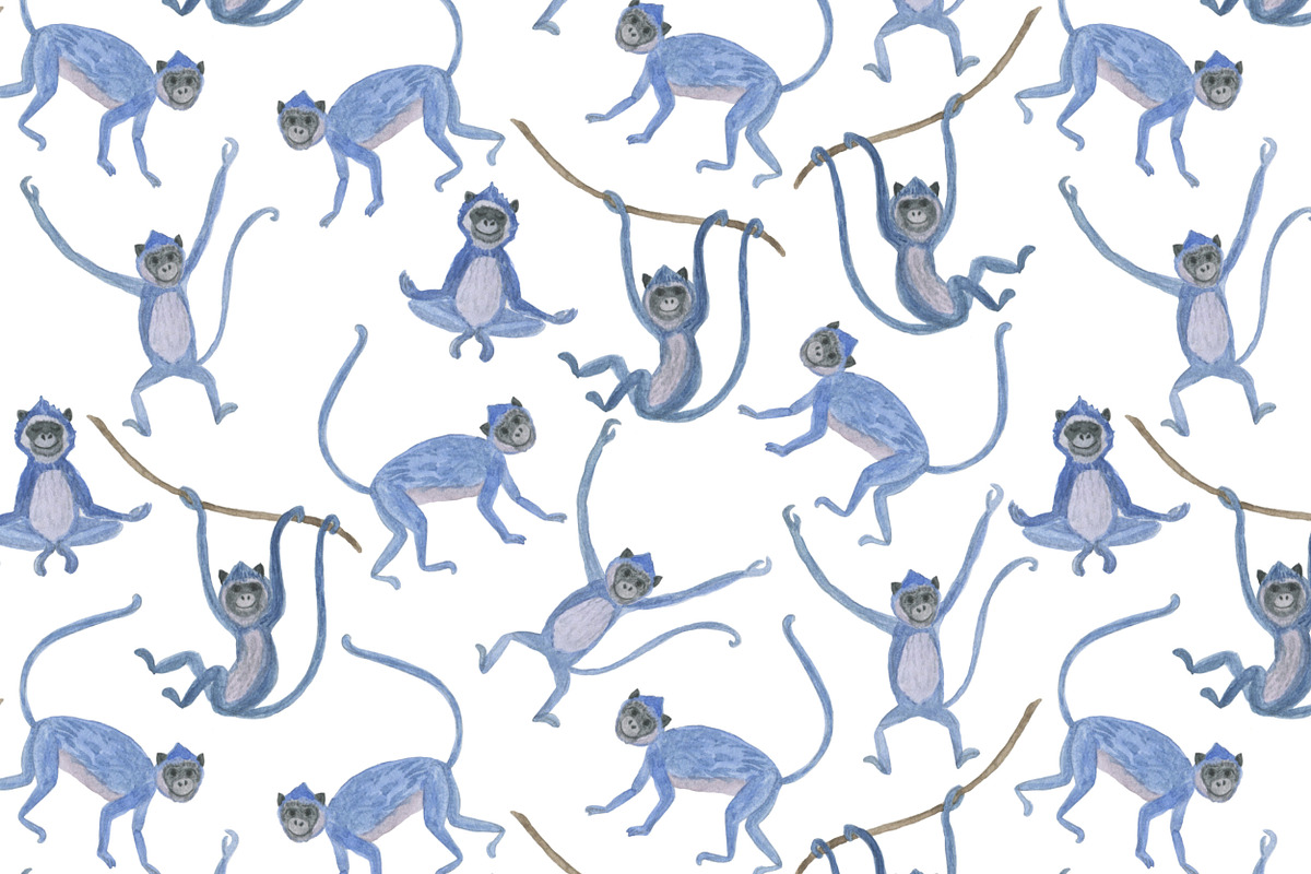 Blue monkeys - watercolor patterns, a Pattern Graphic by ramika (Photo 7 of 7)