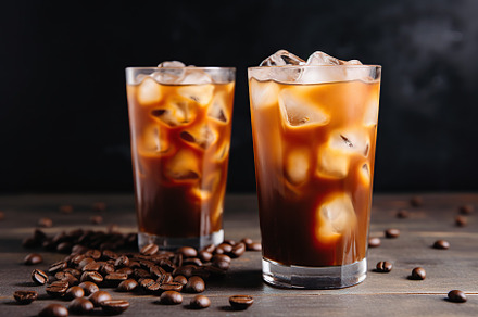 Iced coffee in glasses on wooden background, a Food & Drink Photo by AlyaAnd