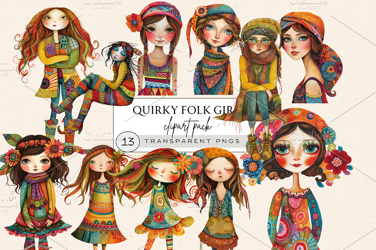 QUIRKY FOLK GIRLS CLIPART SET, a Person Illustration by Daring Digies (Photo 1 of 7)