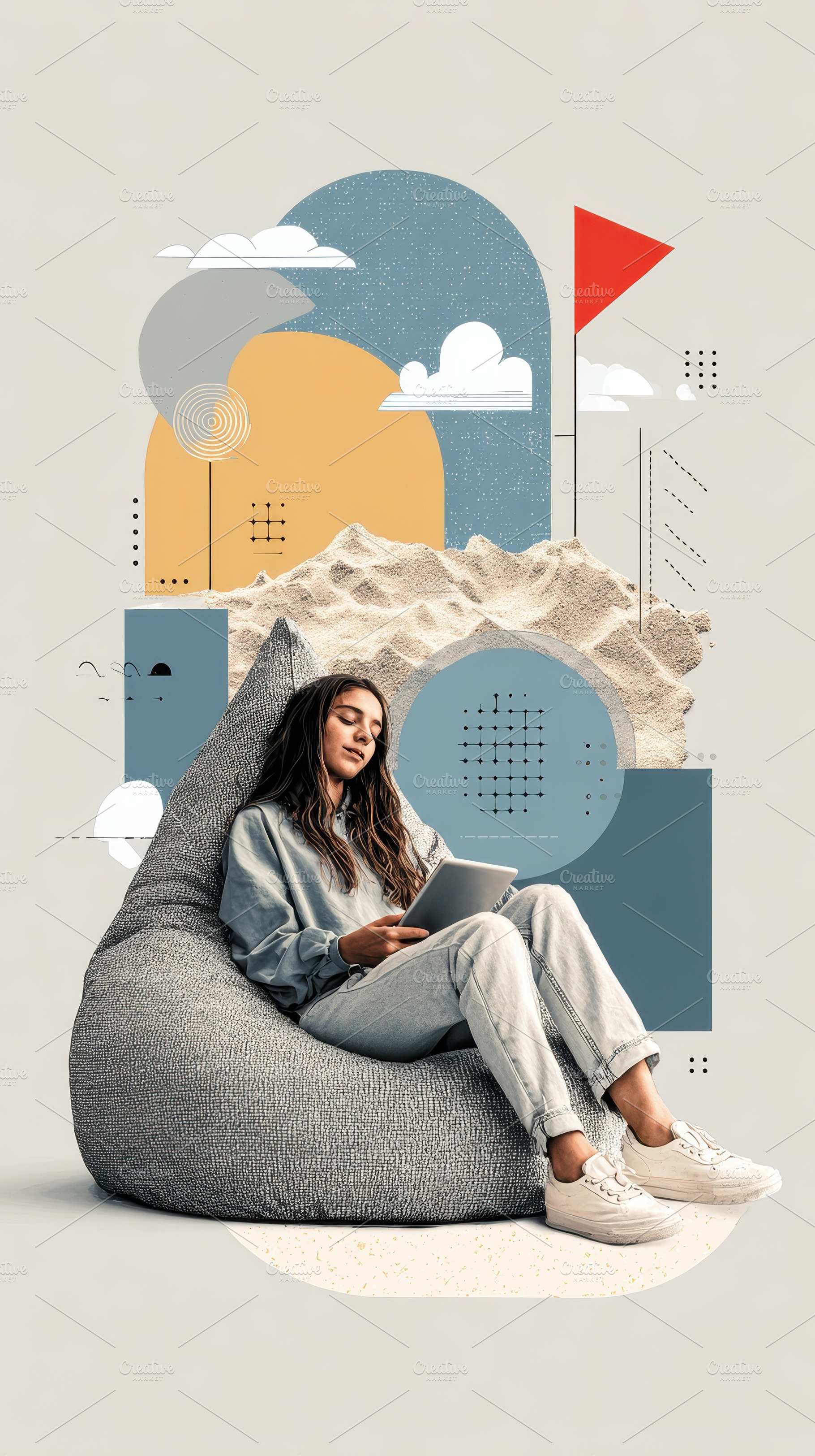 Woman relaxing in beanbag chair usin, a Photo by Pixeness Studio