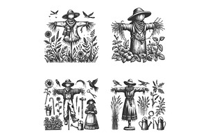 Scarecrow engraving set vector, an Illustration by AlexArt