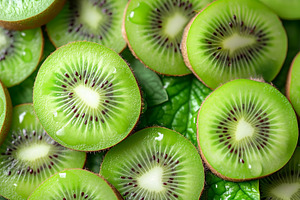 Freshly sliced kiwi fruit showcasing vibrant green flesh and ric, a Food & Drink Photo by ImageMir