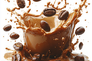 Coffee Beans Splashing in Brown Liqu, a Food & Drink Photo by Pixeness Studio
