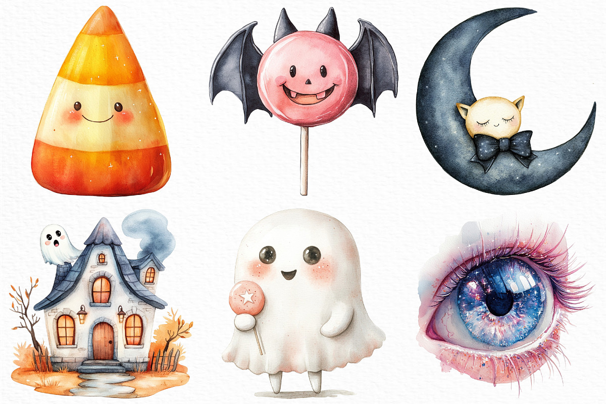 Watercolor Kawaii Halloween Clipart, an Illustration by Craft Nest (Photo 4 of 6)