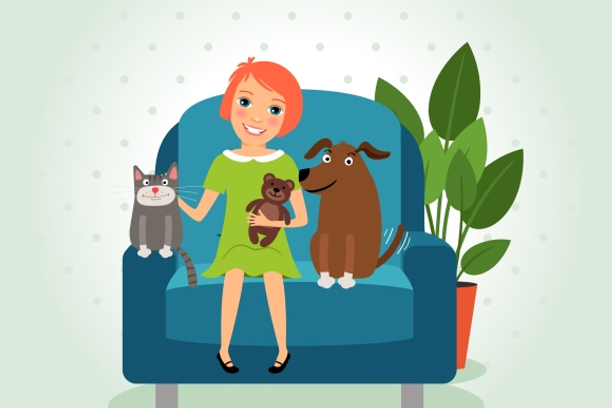 Love my pets. Girl on armchair, a Background Graphic by Microvector