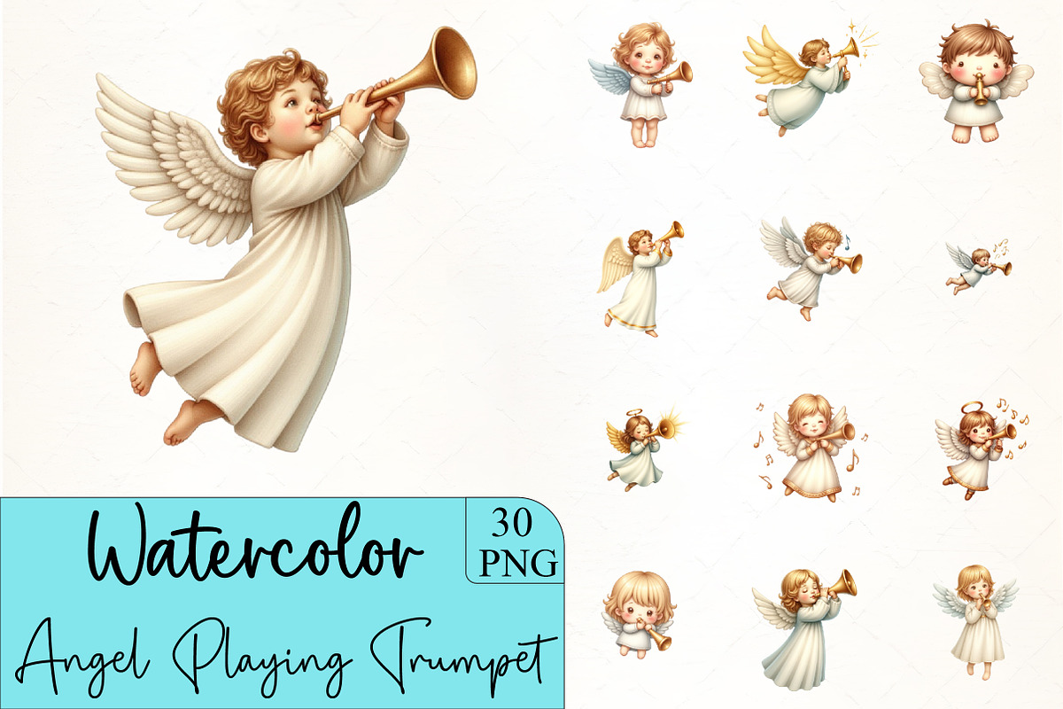 Christmas Angel Playing Trumpet Clip, an Illustration by CrexoraLab (Photo 1 of 5)