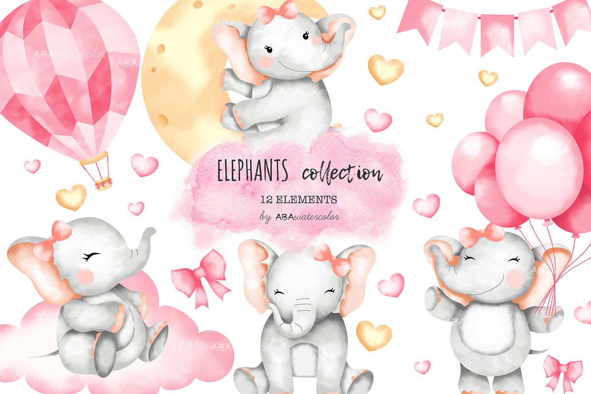 Cute Baby Elephant Clipart, an Illustration by ABAwatercolor (Photo 1 of 4)