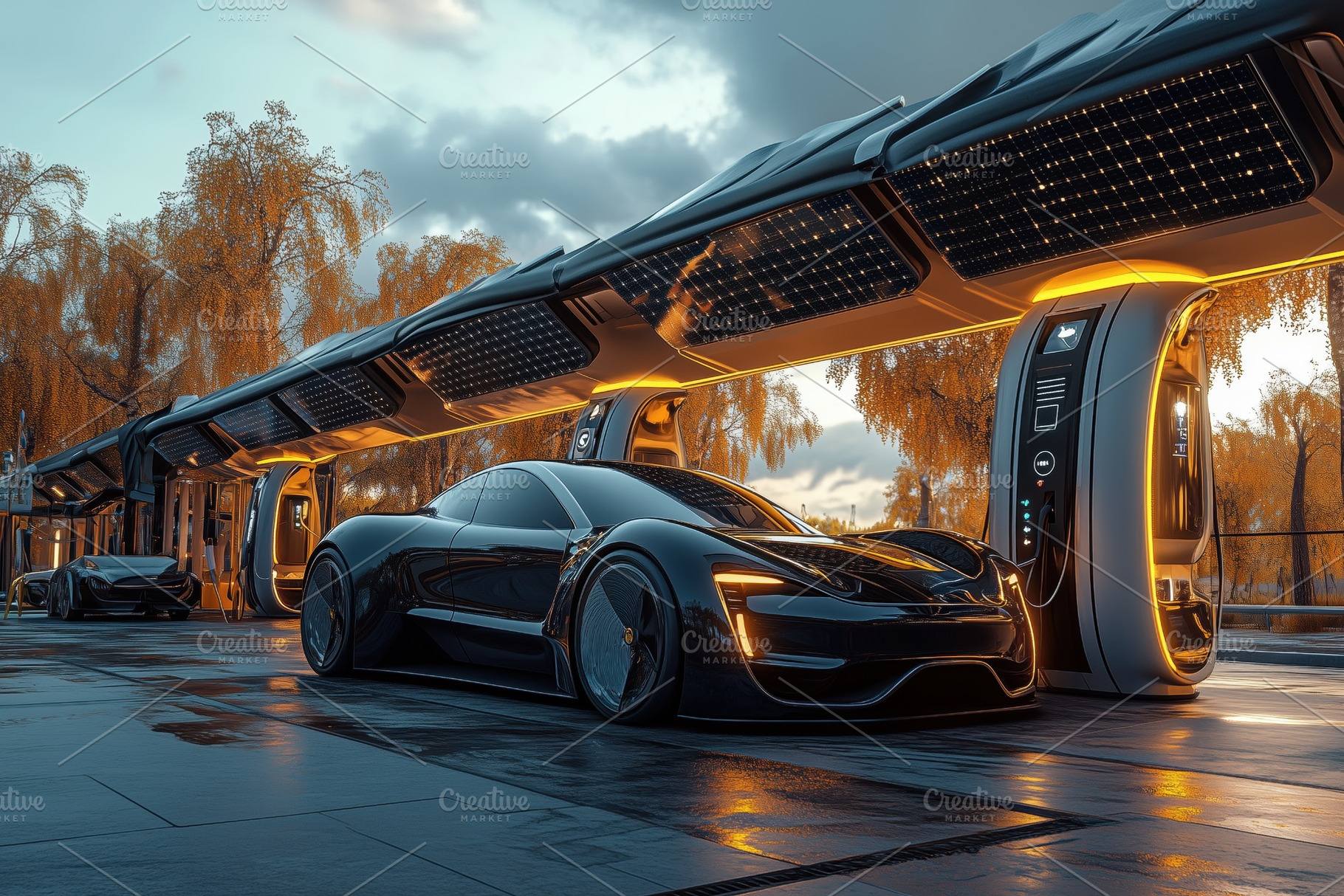 Futuristic electric cars parked at a sleek charging station with solar panels,, a Technology Photo by Textures & Backgrounds