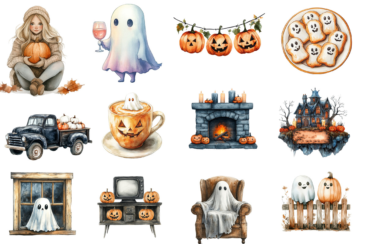 Watercolor  Cozy Halloween Clipart, an Illustration by Designworld (Photo 4 of 6)
