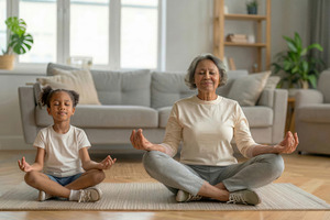 Grandmother and Child Practicing Meditation at Home, a Health & Medical Photo by Davizro's Market