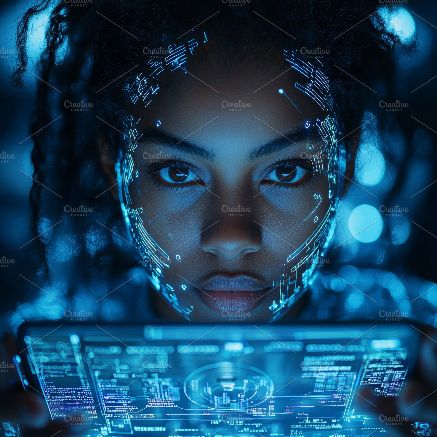 Woman engaged with holographic technology displaying futuristic digital interfa, a Photo by AS photostudio