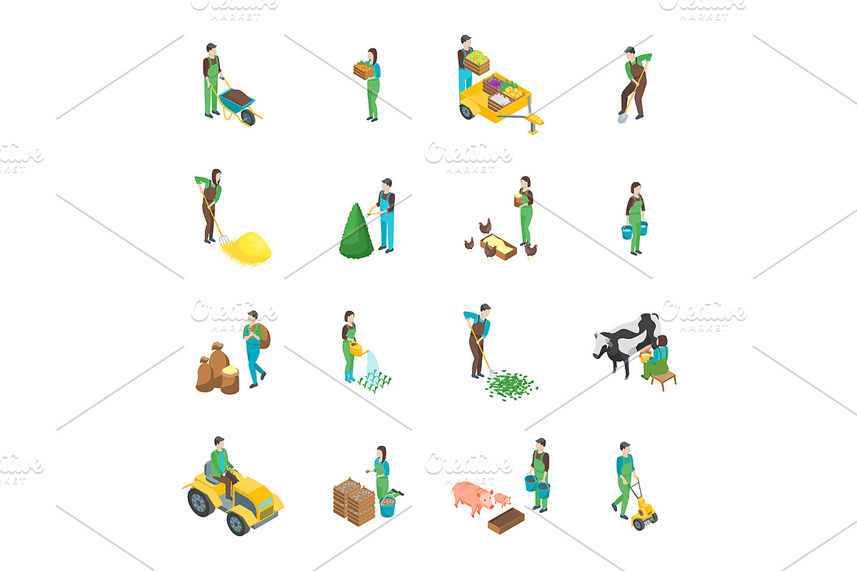 Farmers at Work 3d Set Isometric, a Person Illustration by Bigmouse_art