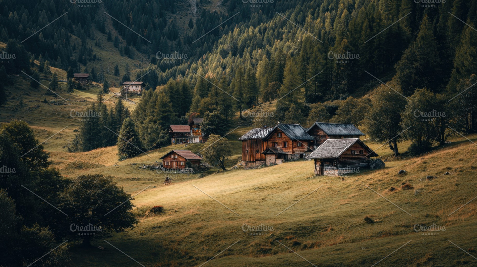 Houses in a green valley with trees, a Photo by Beautiful things