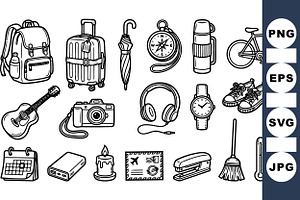 Travel Essentials Line Art Set, an Illustration by designvectx