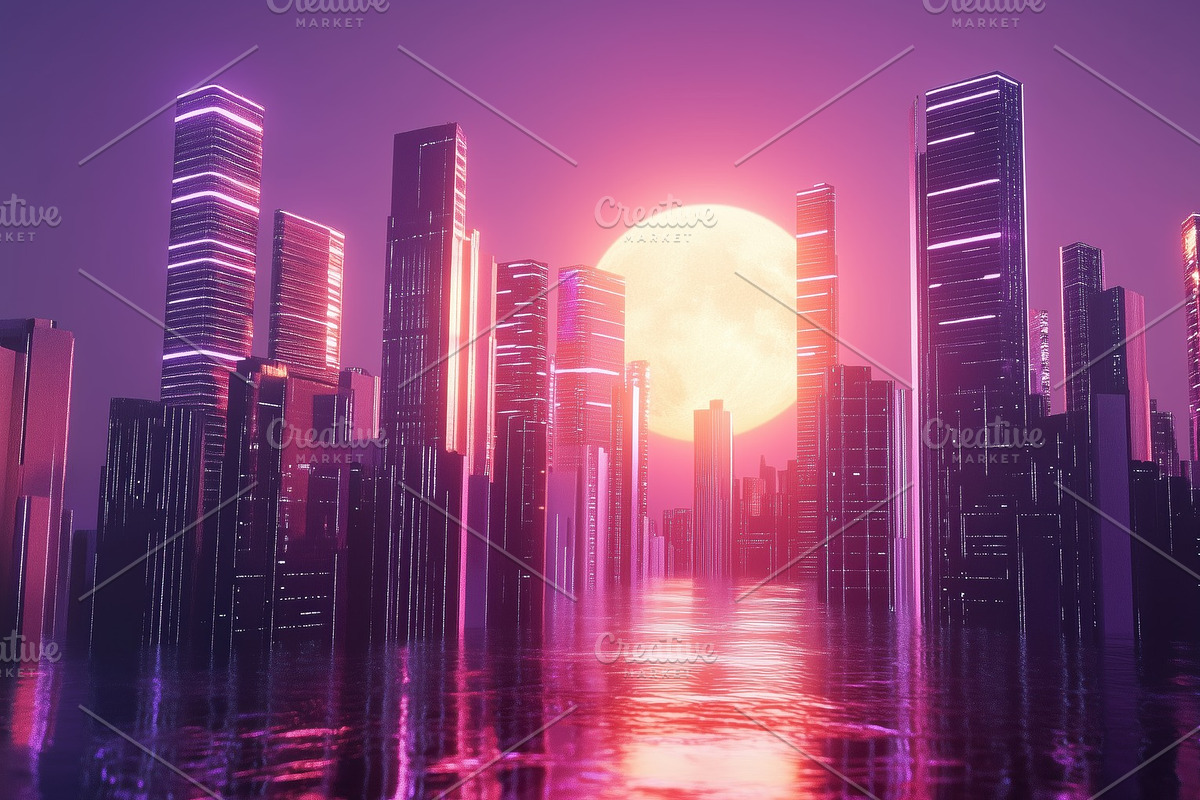 A futuristic cityscape at sunset, featuring tall skyscrapers with neon ...