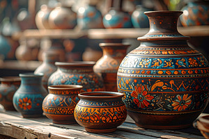 Handcrafted Floral Ceramic Vases on Wooden Shelf, an Arts & Entertainment Photo by Davizro's Market